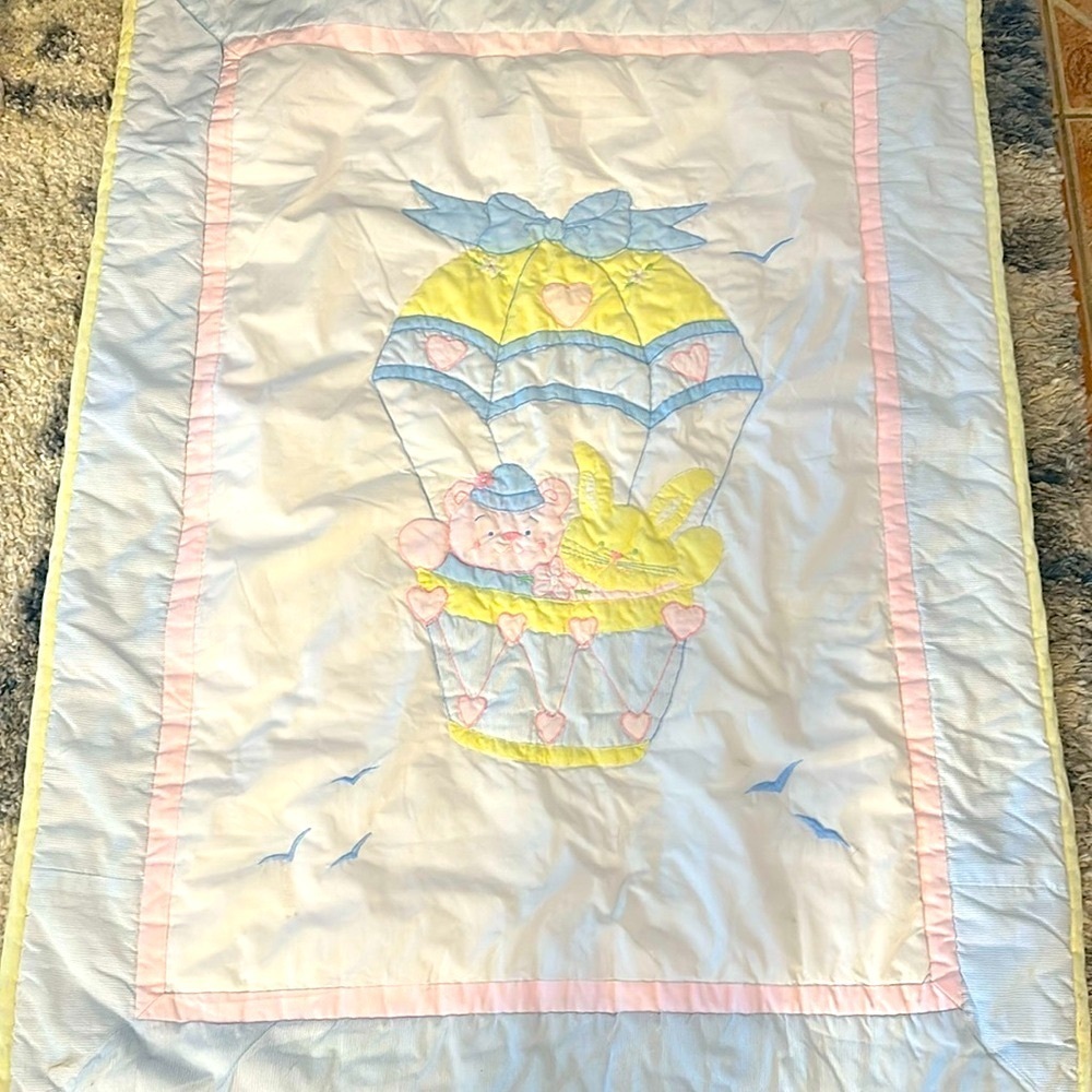 Vintage A Little Angel Teddy Bear & Bunny in a Hot Air Balloon Baby Crib Quilt